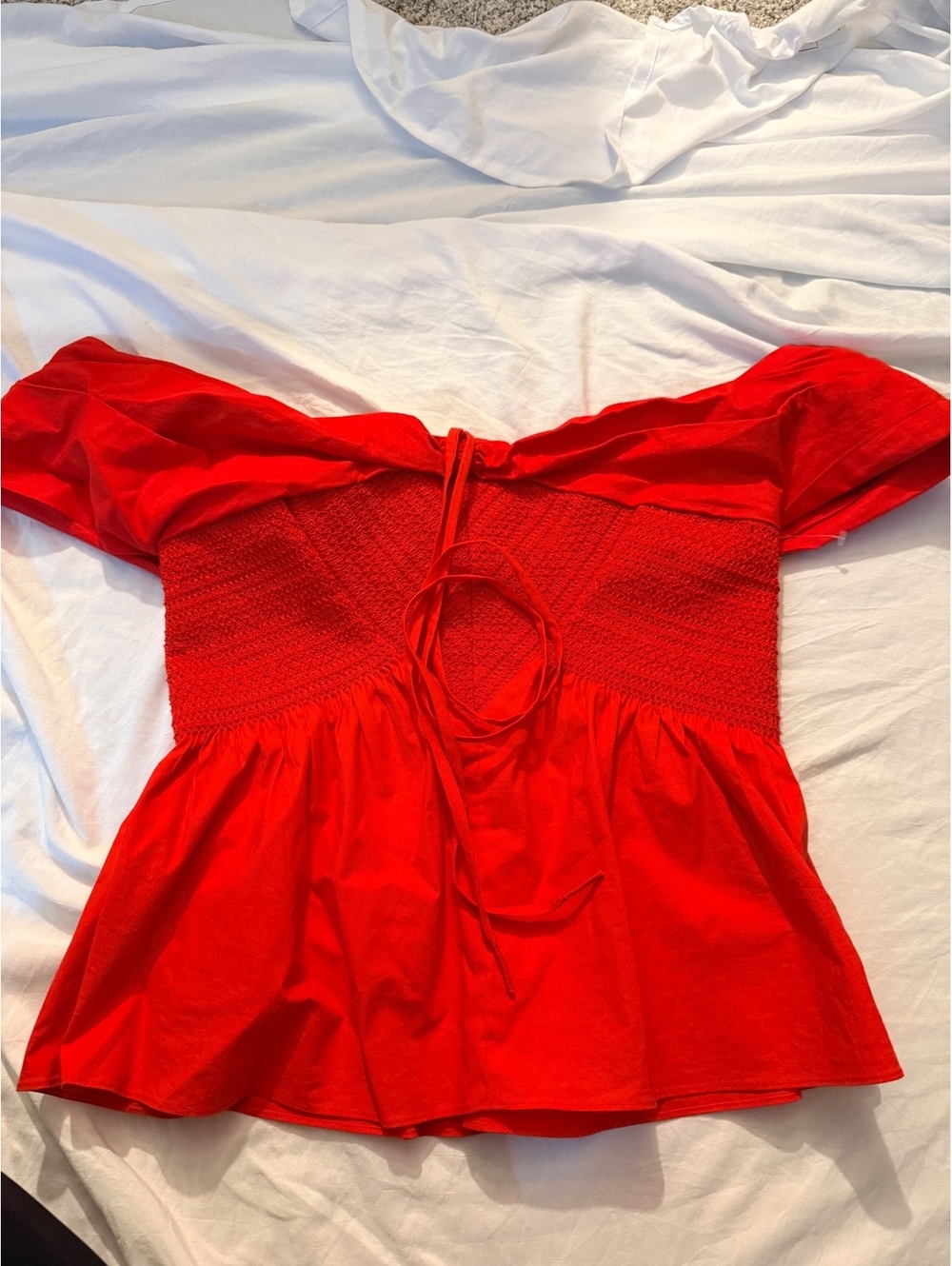 Tanya Taylor Red Off-Shoulder Smocked Waist Blouse
